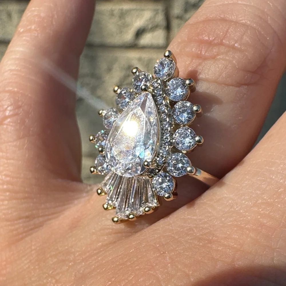 Gold Plated Teardrop Halo Ring baguettes & CZ Size 8 Wedding Engagement